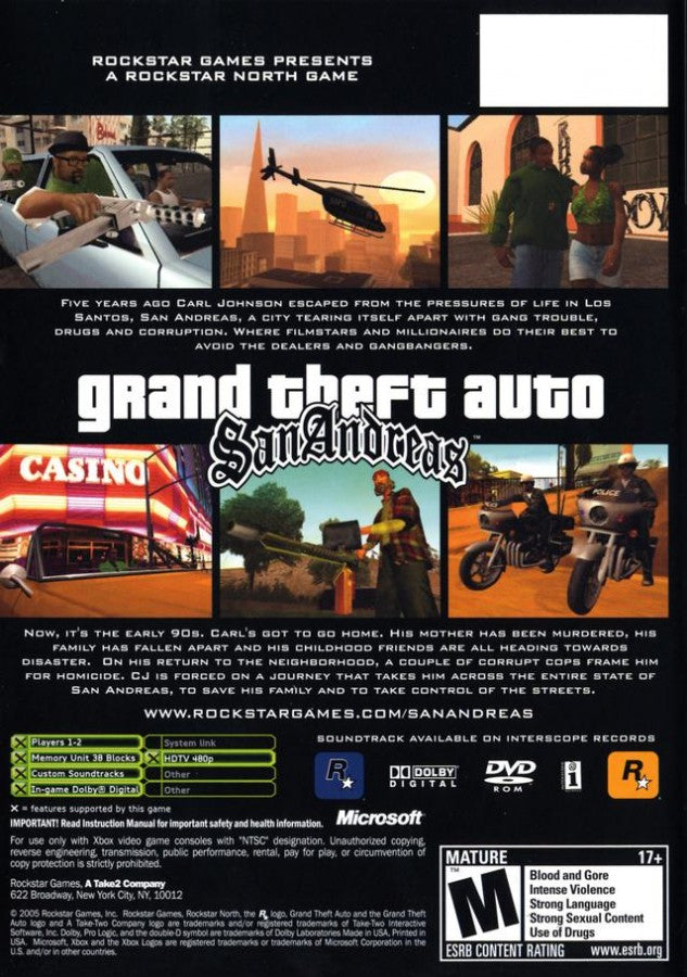 Grand Theft Auto: San Andreas [Platinum Hits] back cover art for Xbox (XBOX) video game