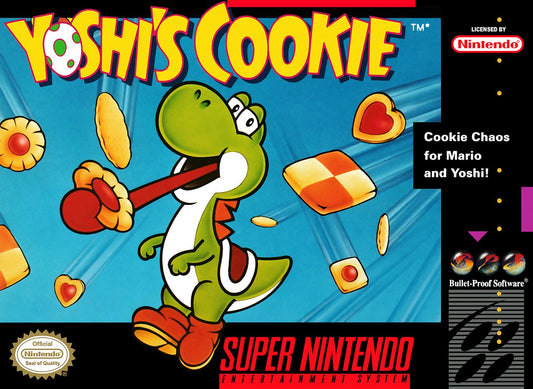 Yoshi’s Cookie for Super Nintendo Entertainment System with tile-matching puzzle gameplay theme front cover