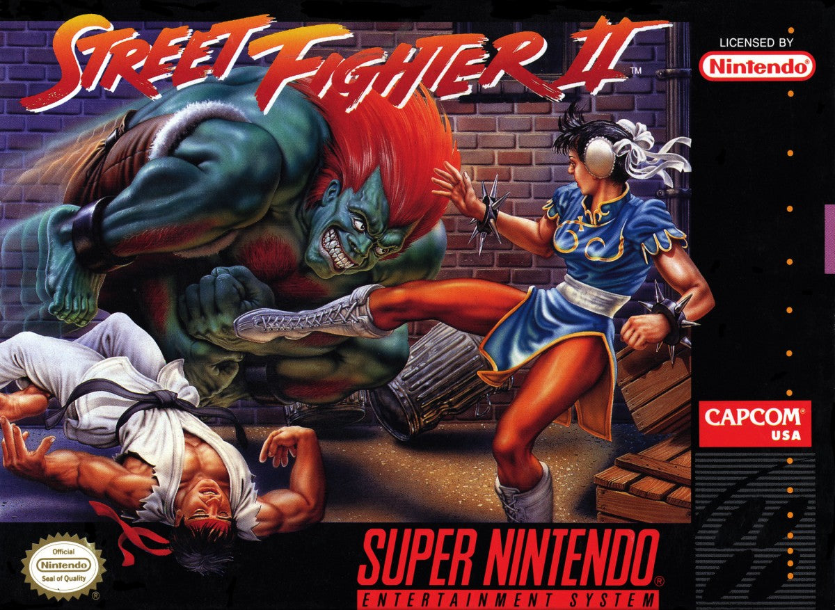 Retro Street Fighter II SNES inspired design featuring classic arcade fighting game aesthetic iconic world warriors fast paced 2D combat pixel art martial arts tournament gameplay legendary Capcom fighter nostalgic Super Nintendo presentation cover art 