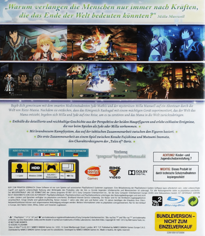 Tales of Xillia PS3 action-adventure JRPG game featuring main characters Milla and Jude in dynamic anime-style design for PlayStation 3 collectors and RPG fans, back cover art