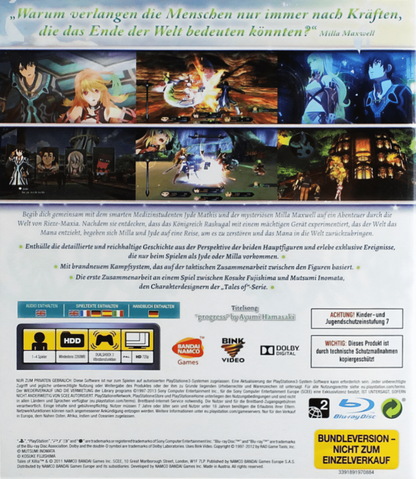 Tales of Xillia PS3 action-adventure JRPG game featuring main characters Milla and Jude in dynamic anime-style design for PlayStation 3 collectors and RPG fans, back cover art