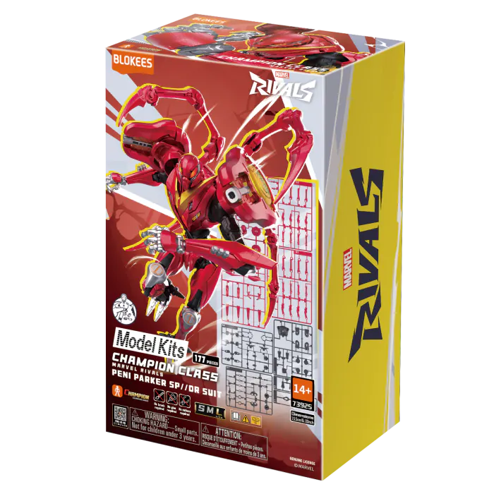 Blokees Marvel Rivals Peni Parker SP//dr Suit collectible model kit inspired design featuring anime inspired mech pilot heroine aesthetic futuristic armored SP//dr combat suit detailed construction components dynamic superhero styling Marvel gaming universe collectible display presentation