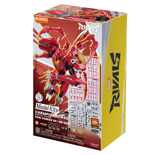 Blokees Marvel Rivals Peni Parker SP//dr Suit collectible model kit inspired design featuring anime inspired mech pilot heroine aesthetic futuristic armored SP//dr combat suit detailed construction components dynamic superhero styling Marvel gaming universe collectible display presentation