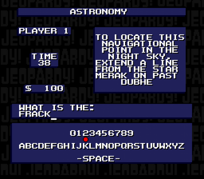 Jeopardy Super Nintendo Entertainment System SNES video game featuring trivia game show gameplay question and answer challenges category selection clue solving competitive multiplayer scoring and classic 16 bit Nintendo gameplay retro video game collection collectible gaming appeal gameplay