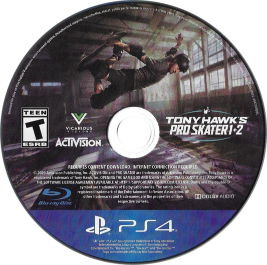 Tony Hawk's: Pro Skater 1+2 disc art for Playstation 4 (PS4) video game