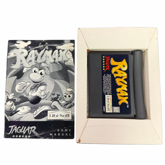 Rayman Atari Jaguar Rayman platformer game cartridge retro 90s side scrolling adventure classic platforming title fantasy worlds collectible game cartridge and manual 
