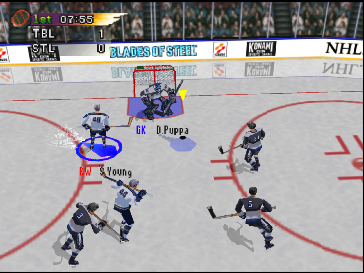 NHL Blades of Steel 99 game for the Nintendo 64 featuring arcade style hockey gameplay with fast paced matches exaggerated hits season modes and multiplayer competition based on the Blades of Steel series gameplay