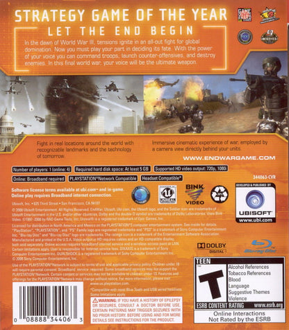 Tom Clancy’s EndWar PlayStation 3 PS3 video game, real-time strategy, modern military combat, voice-command tactical gameplay, console title back cover