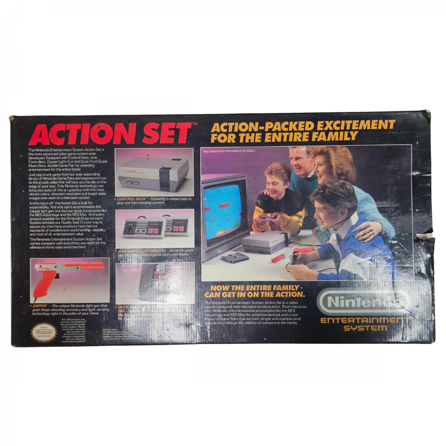 Nintendo Entertainment System NES Console Action Set CIB complete in box gaming system featuring the classic NES console controllers Zapper light gun game accessories original packaging home console setup classic Nintendo hardware and collectible retro gaming appeal back box art