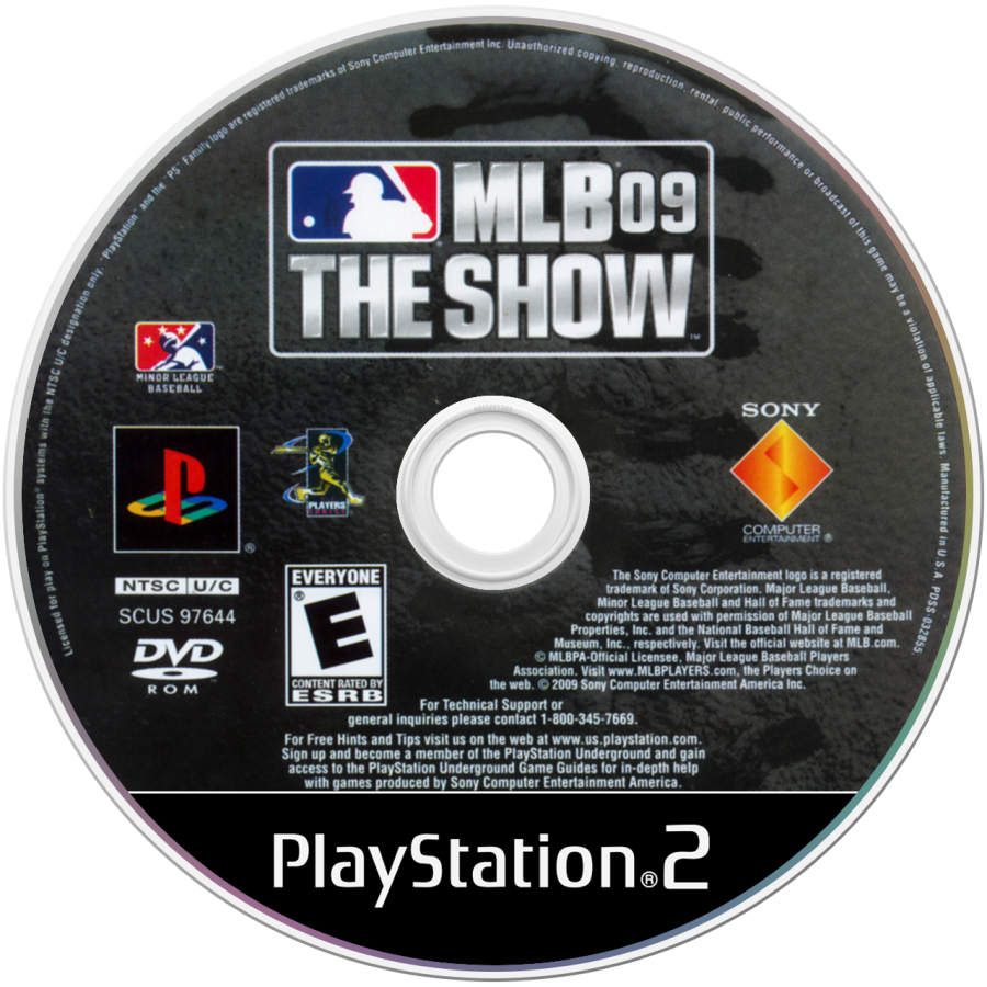 MLB 09: The Show disc art for PlayStation 2 (PS2) featuring realistic baseball simulation with authentic teams, players, and immersive stadium gameplay.