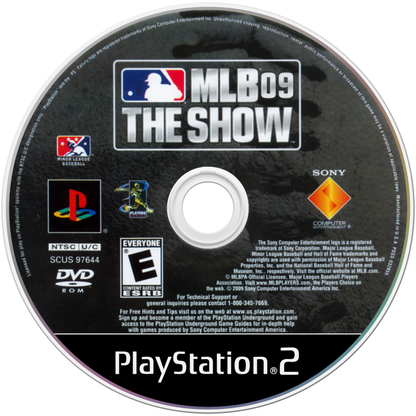 MLB 09: The Show disc art for PlayStation 2 (PS2) featuring realistic baseball simulation with authentic teams, players, and immersive stadium gameplay.