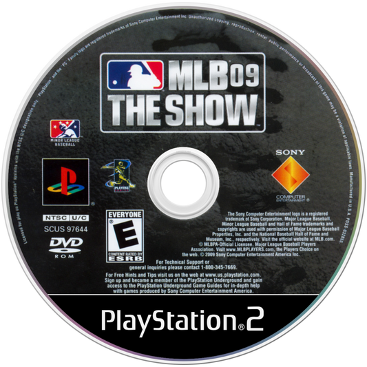MLB 09: The Show disc art for PlayStation 2 (PS2) featuring realistic baseball simulation with authentic teams, players, and immersive stadium gameplay.