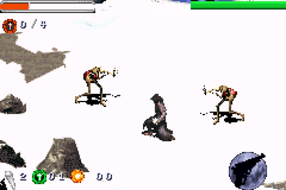 Van Helsing for Game Boy Advance (GBA), gameplay for a retro video game featuring action-adventure gameplay, monster hunting combat, side-scrolling levels, supernatural enemies, and movie-inspired gothic fantasy battles