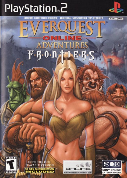 EverQuest Online Adventures: Frontiers for PlayStation 2 (PS2) featuring the console MMO expansion that adds new zones quests monsters and gear to the world of Norrath; team up with other players choose a class and explore a large online fantasy adventure built for PS2 network play front cover