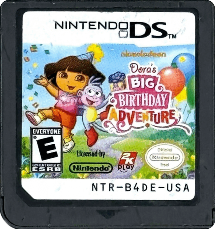 Dora's Big Birthday Adventure Nintendo DS interactive storybook platformer game tapping shouting scribbling activities based on TV special Dora and Boots stuck in Wizzle World birthday party goal DS microphone stylus controls magical unicorn riding cartridge