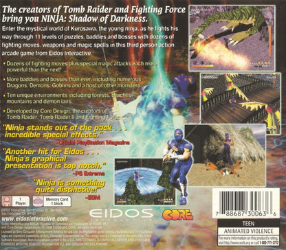 Ninja Shadow of Darkness game for the PlayStation featuring action hack and slash gameplay with platforming elements as a ninja warrior battles enemies using swords shuriken and special abilities across dark themed levels back cover 