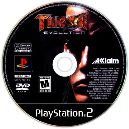 Turok: Evolution – PlayStation 2 (PS2) video game disc, first-person shooter.