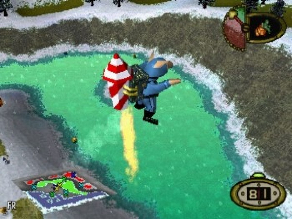 Hogs of War PlayStation PS1 for turn based strategy video game fans featuring tactical artillery combat humorous warfare cartoon style characters multiplayer battles strategic planning destructible environments challenging missions classic strategy gameplay collectible gaming appeal gameplay