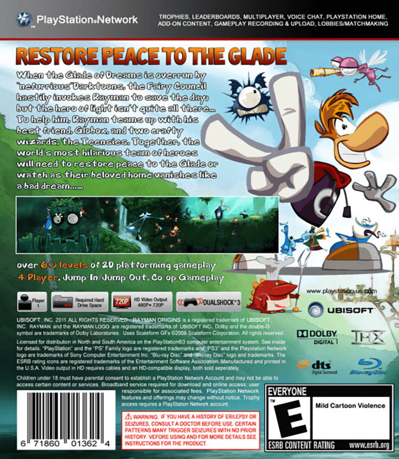 Rayman Origins back cover art for PlayStation 3 (PS3) video game