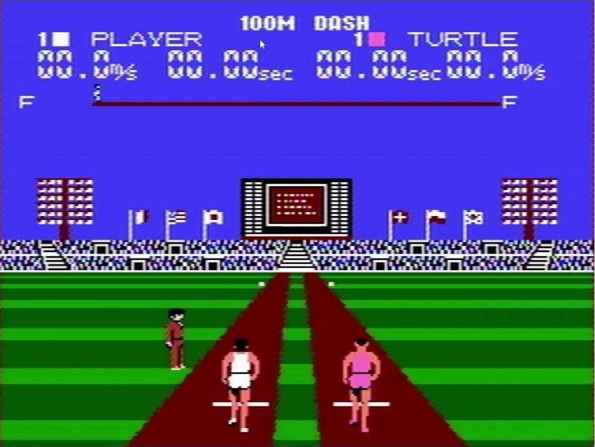 Super Mario Bros Duck Hunt World Class Track Meet Nintendo Entertainment System NES video game, classic compilation cartridge, multiplayer retro Nintendo title world class track meet gameplay screenshot