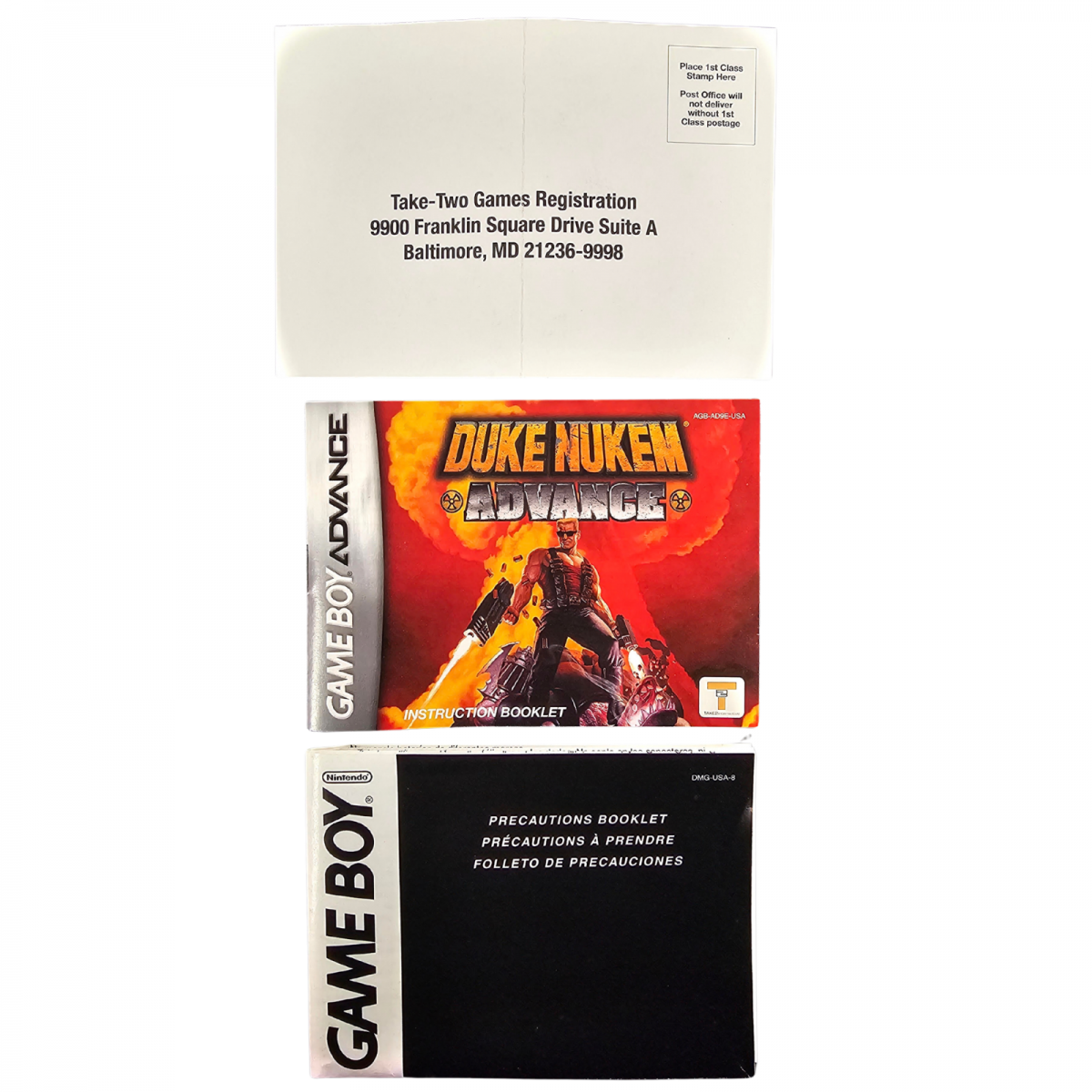 Duke Nukem Advance Game Boy Advance GBA video game Complete In Box CIB featuring first person shooter gameplay action packed combat weapon upgrades enemy battles alien encounters mission based levels Duke Nukem character and classic handheld action retro video game collection collectible gaming appeal inserts