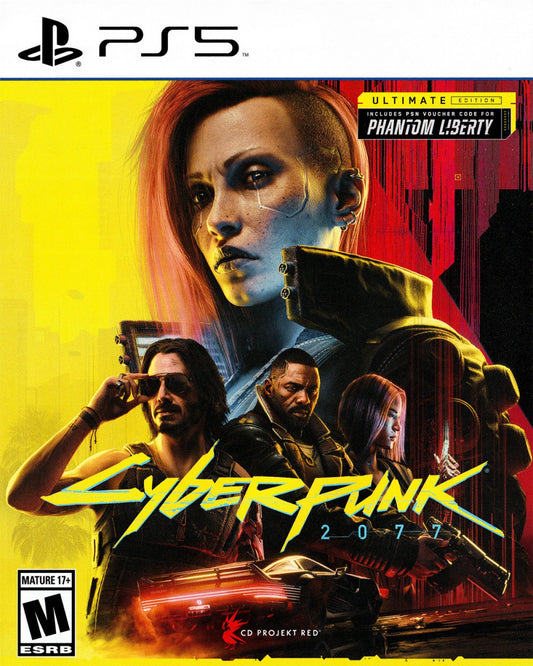 Cyberpunk 2077 Ultimate Edition PlayStation 5 PS5 for open world action role playing video game fans featuring futuristic Night City exploration first person combat cybernetic upgrades character customization branching storylines vehicles side missions and Phantom Liberty expansion content immersive sci fi gameplay and collectible gaming appeal front cover art