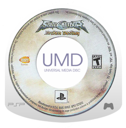 SoulCalibur: Broken Destiny for PlayStation Portable (PSP) at Gamers INC, featuring the premier handheld entry in the legendary weapon-based fighting series that brings the fluid 8-way run system and deep character customization of SoulCalibur IV to the PSP, including over 20 iconic warriors—plus the exclusive guest appearance of God of War’s Kratos—for intense, high-fidelity duels anywhere you go disc cartridge UMD