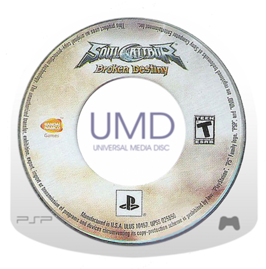 SoulCalibur: Broken Destiny for PlayStation Portable (PSP) at Gamers INC, featuring the premier handheld entry in the legendary weapon-based fighting series that brings the fluid 8-way run system and deep character customization of SoulCalibur IV to the PSP, including over 20 iconic warriors—plus the exclusive guest appearance of God of War’s Kratos—for intense, high-fidelity duels anywhere you go disc cartridge UMD