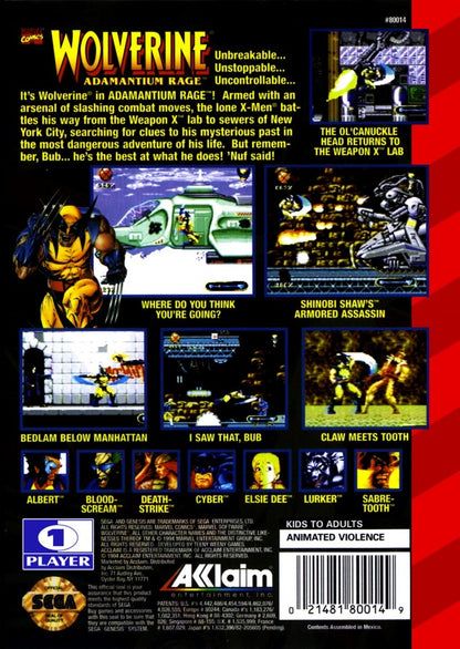 Wolverine Adamantium Rage Sega Genesis side-scrolling action-platformer video game featuring Marvel's clawed mutant with regenerative health system back cover art