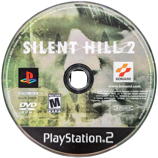 Silent Hill 2 Game Only PlayStation 2 PS2 video game featuring psychological survival horror gameplay James Sunderland character exploration fog covered town disturbing monsters eerie environments puzzle solving flashlight exploration limited ammunition combat supernatural mysteries haunting atmosphere and iconic Silent Hill storyline game only edition retro video game collection collectible gaming appeal front of disc
