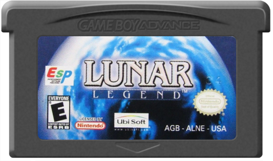 Lunar Legend cartridge for the Game Boy Advance featuring classic turn based RPG gameplay with anime style visuals character driven storytelling and a fantasy adventure based on the Lunar series cartridge