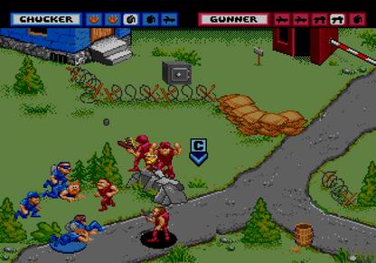 General Chaos Sega Genesis GEN for retro video game enthusiasts featuring real time strategy action gameplay squad based military combat tactical battlefield missions multiplayer competition humorous war themed action and collectible gaming appeal gameplay 