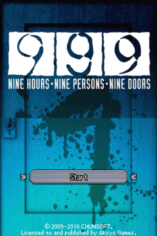 999: 9 Hours, 9 Persons, 9 Doors start screen for Nintendo DS (DS) visual novel puzzle adventure video game