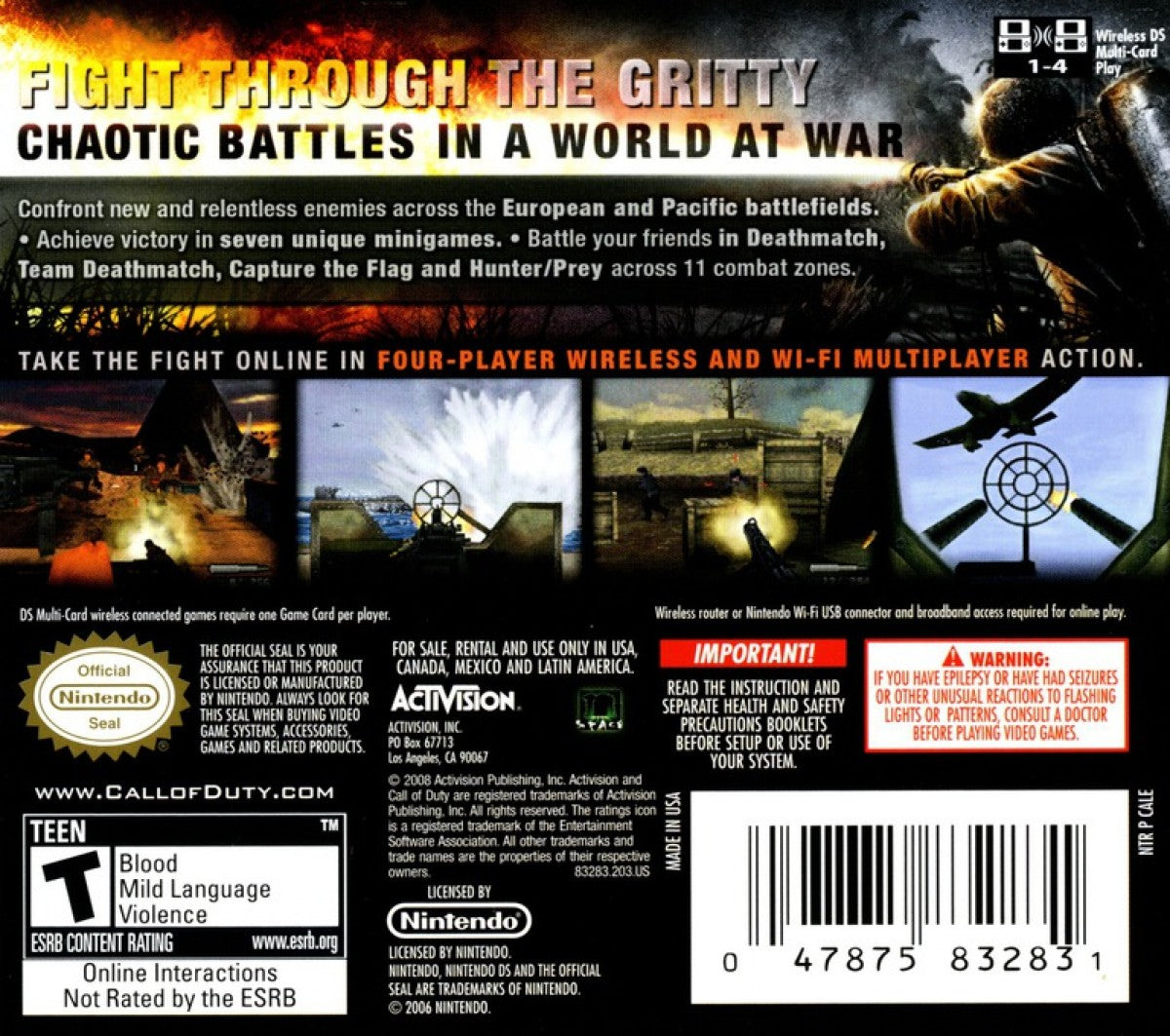 Call of Duty: World at War for Nintendo DS with World War II themed action focus back cover