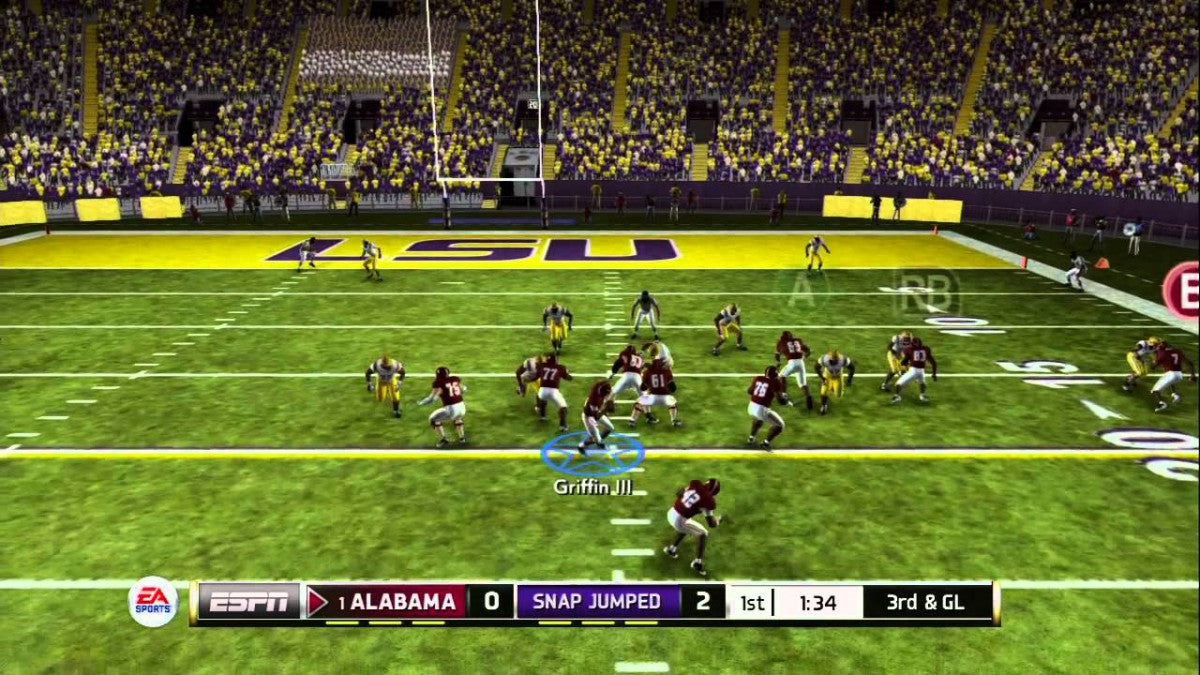 NCAA Football 13 Xbox 360 X360 video game featuring college football sports simulation gameplay NCAA college teams and players offensive play calling passing plays rushing attacks defensive strategies touchdown scoring college stadiums dynasty mode recruiting challenges Road to Glory career mode and classic Xbox 360 college football action retro video game collection collectible gaming appeal gameplay screenshot