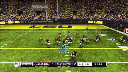 NCAA Football 13 Xbox 360 X360 video game featuring college football sports simulation gameplay NCAA college teams and players offensive play calling passing plays rushing attacks defensive strategies touchdown scoring college stadiums dynasty mode recruiting challenges Road to Glory career mode and classic Xbox 360 college football action retro video game collection collectible gaming appeal gameplay screenshot