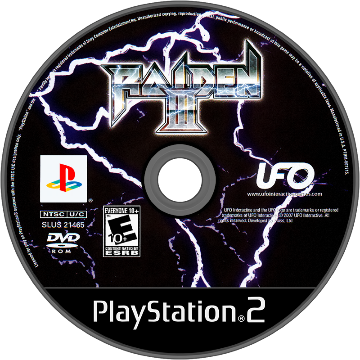 Raiden III – PlayStation 2 (PS2) video game disc, vertical shoot 'em up arcade game.