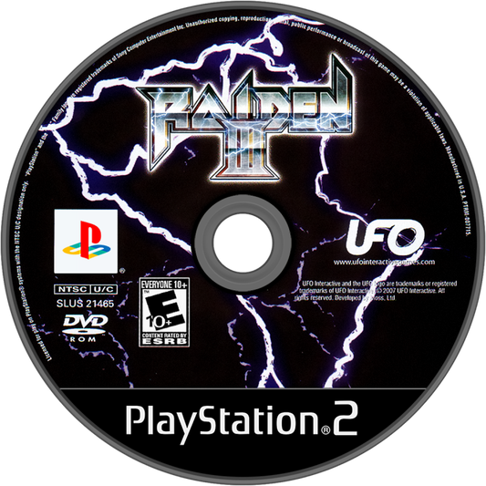 Raiden III – PlayStation 2 (PS2) video game disc, vertical shoot 'em up arcade game.