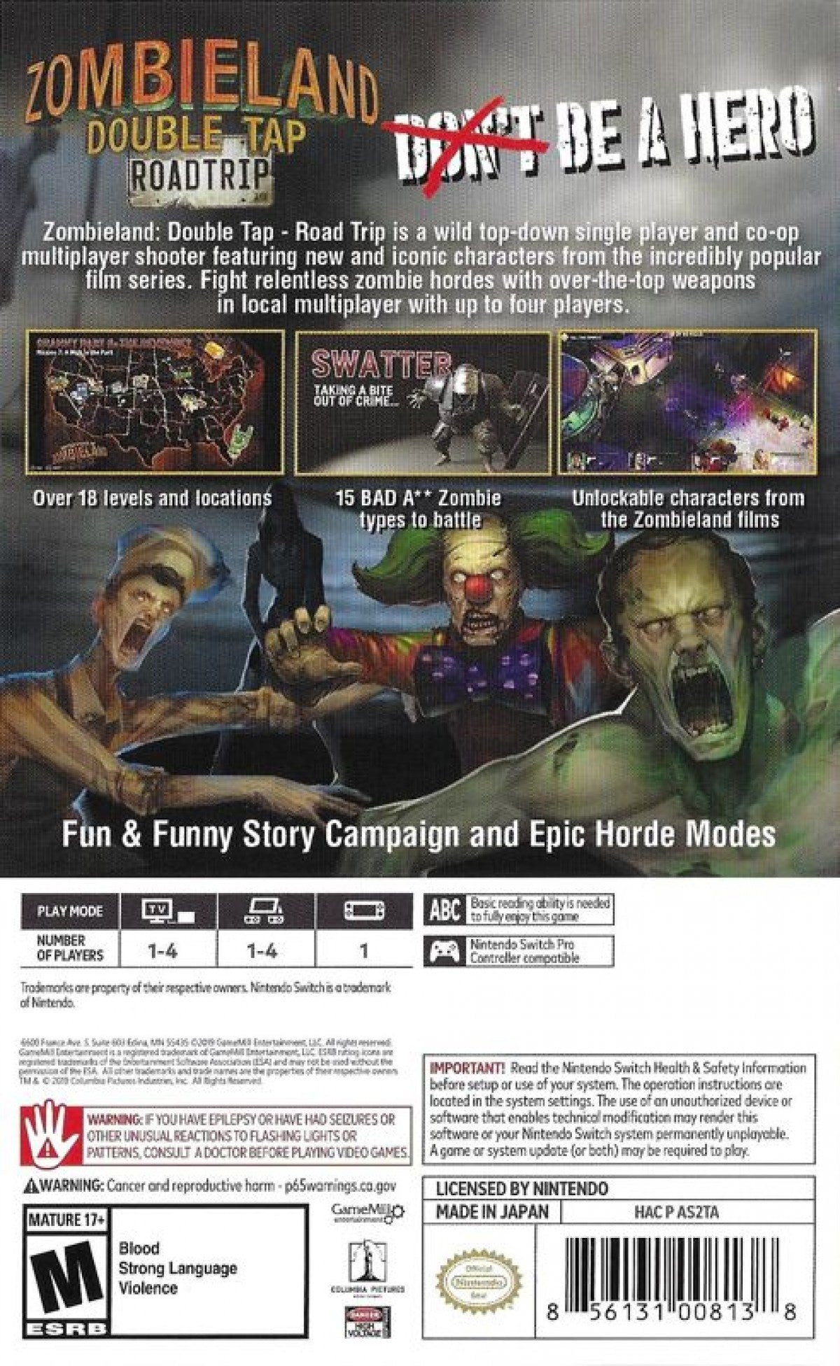 Zombieland Double Tap Road Trip Nintendo Switch NS for action shooter video game fans featuring twin stick arcade gameplay cooperative multiplayer zombie battles iconic characters fast paced combat humorous storytelling survival action and collectible gaming appeal back cover art