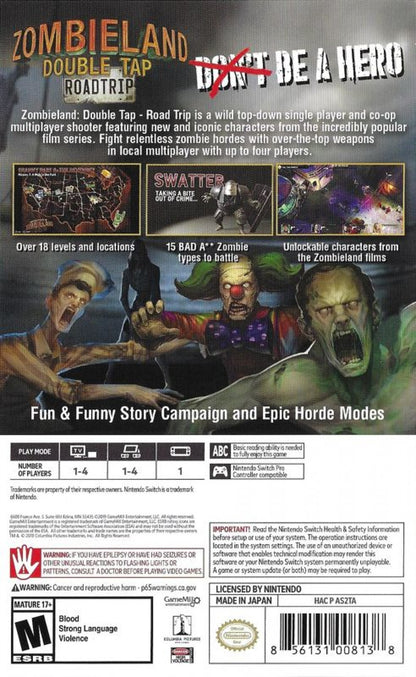 Zombieland Double Tap Road Trip Nintendo Switch NS for action shooter video game fans featuring twin stick arcade gameplay cooperative multiplayer zombie battles iconic characters fast paced combat humorous storytelling survival action and collectible gaming appeal back cover art
