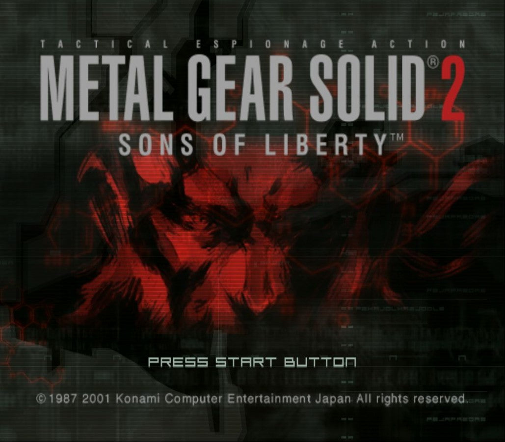 Metal Gear Solid 2: Sons of Liberty PlayStation 2 (PS2) title screen featuring stealth action gameplay with Solid Snake and Raiden in a cinematic espionage adventure.