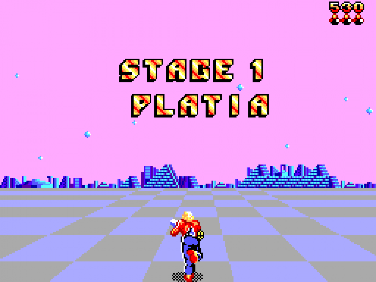 Space Harrier 3D Sega Master System SMS for arcade rail shooter video game fans featuring fast paced 3D action futuristic environments flying combat enemy creatures powerful weapons challenging stages boss battles and classic Sega Master System gameplay collectible retro gaming appeal gameplay