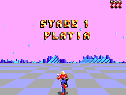 Space Harrier 3D Sega Master System SMS for arcade rail shooter video game fans featuring fast paced 3D action futuristic environments flying combat enemy creatures powerful weapons challenging stages boss battles and classic Sega Master System gameplay collectible retro gaming appeal gameplay