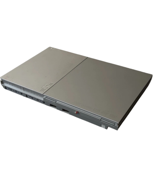 PlayStation 2 Slim Console PS2 Silver SCPH 90000 for retro video game enthusiasts featuring compact Sony gaming hardware sleek silver finish PlayStation 2 game compatibility built in controller and memory card ports DVD playback reliable slim design collectible console gaming appeal front view