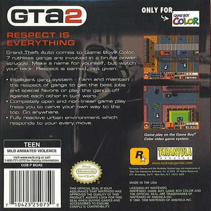 Grand Theft Auto 2 GTA2 Nintendo Game Boy Color GBC for action adventure retro video game fans featuring top down open world gameplay vehicle theft criminal missions fast paced combat urban exploration classic handheld gaming collectible gaming appeal back of case