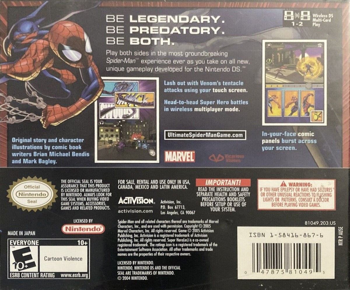 Ultimate Spider-Man Nintendo DS open-world action video game cel-shaded art style comic book adaptation play as both Spider-Man and Venom web-swinging combat missions collectibles Activision handheld exclusive back cover