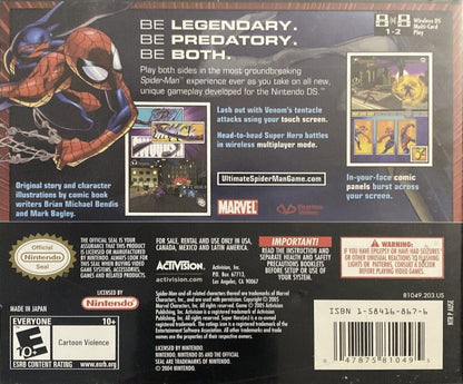 Ultimate Spider-Man Nintendo DS open-world action video game cel-shaded art style comic book adaptation play as both Spider-Man and Venom web-swinging combat missions collectibles Activision handheld exclusive back cover