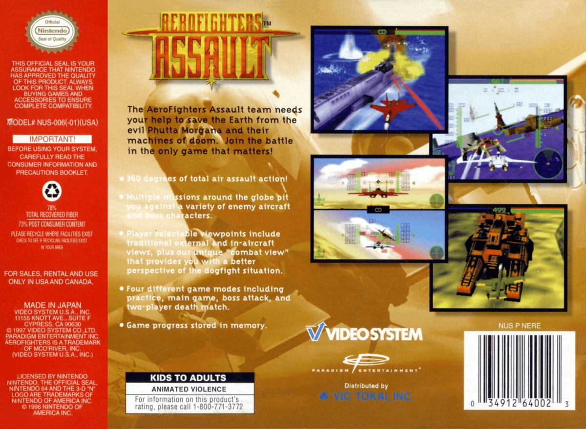 Aerofighters Assault back cover art for Nintendo 64 N64 video game