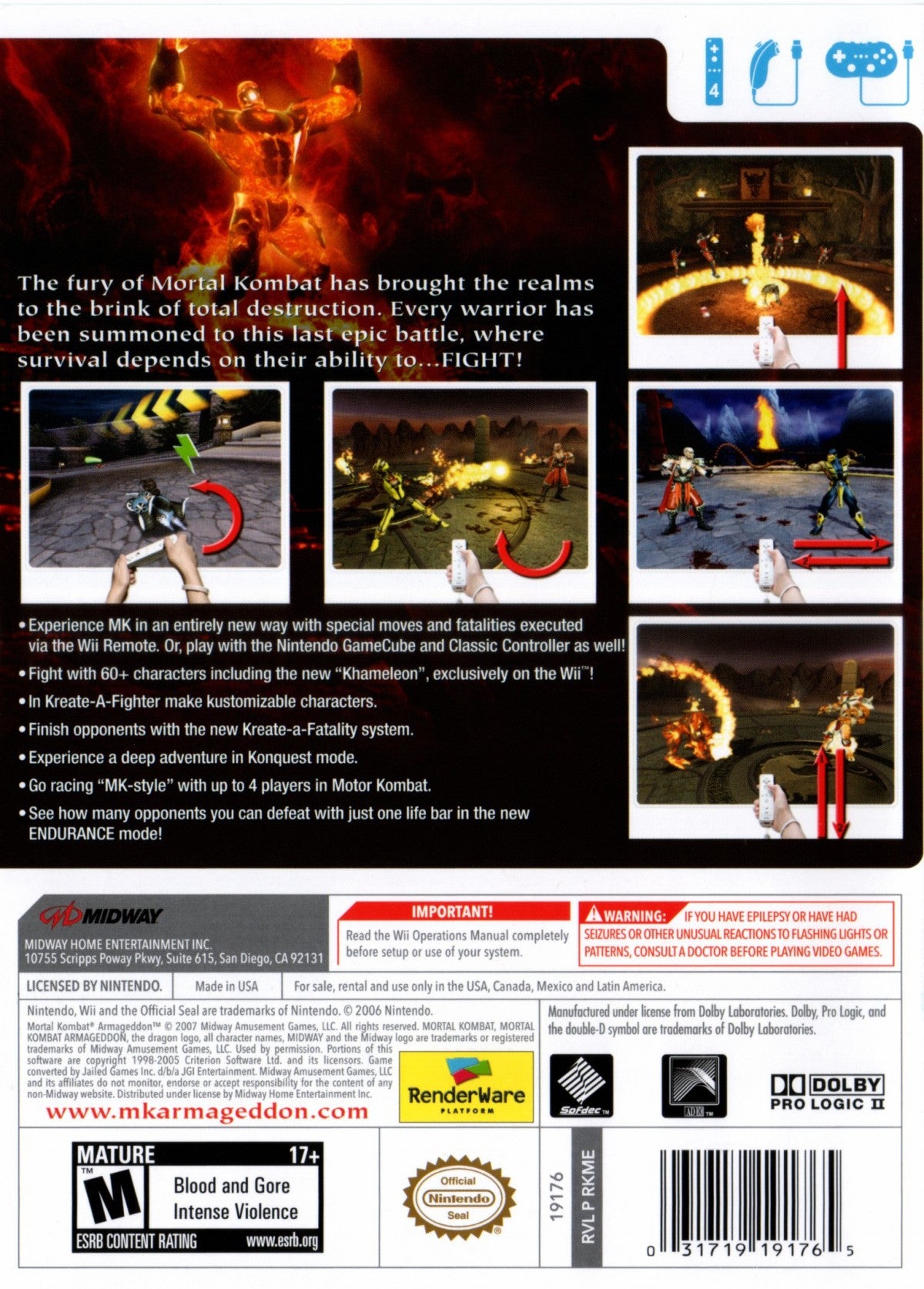 Mortal Kombat Armageddon Nintendo Wii for fighting video game fans featuring intense one on one combat iconic Mortal Kombat characters create a fighter mode brutal finishing moves motion controls arcade and multiplayer battles fantasy martial arts action collectible gaming appeal back cover