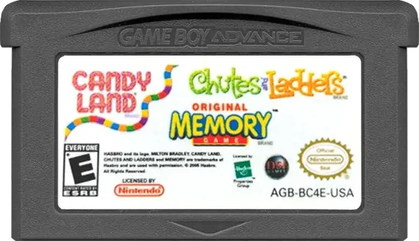 Candy Land / Chutes and Ladders / Memory for Game Boy Advance (GBA), cartridge for a retro video game featuring classic board game adaptations, family-friendly mini-games, puzzle challenges, and casual multiplayer gameplay